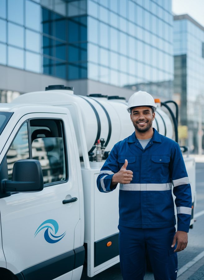 Technicien AquaCure devant le camion pompe d'assainissement